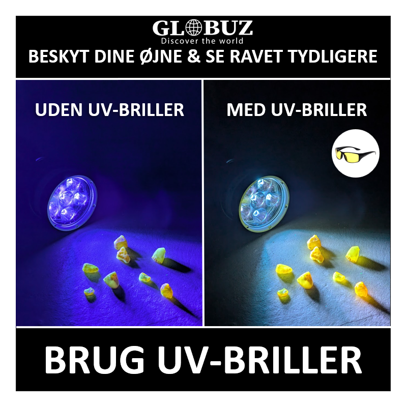 UV brille til  rav-jagt. Beskytter mod UV lys fra ravlygten