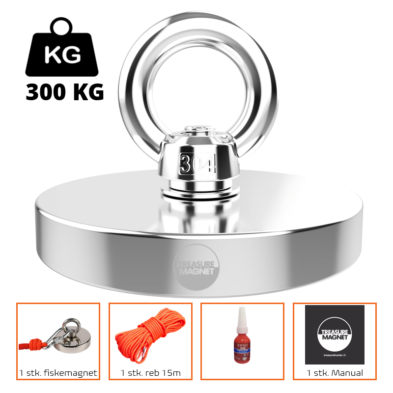 Fiskemagnet | Magnetfiskeri - 300KG fiskemagnet m. reb, lim og manual