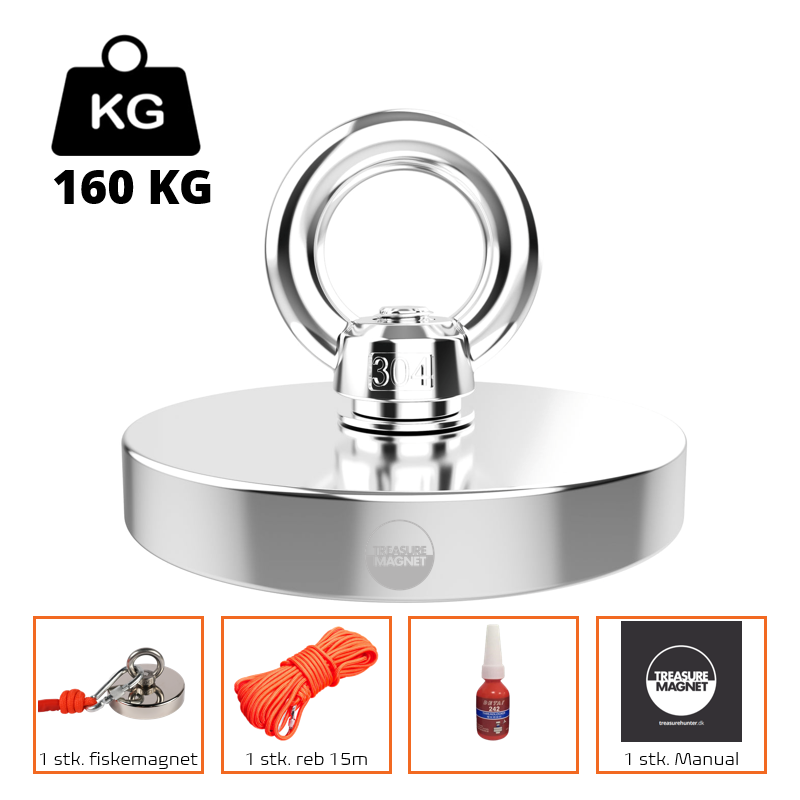 Fiskemagnet | Magnetfiskeri - 160KG fiskemagnet m. reb, lim og manual