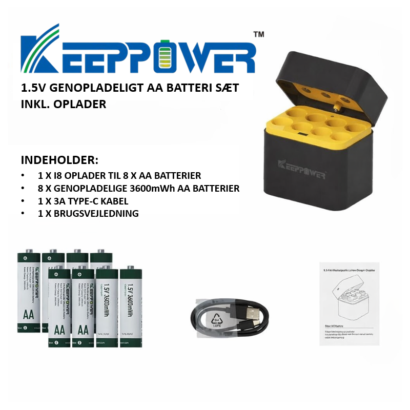 8 Stk. Genopladelige AA batterier inkl. oplader